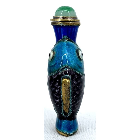 Double Koi Fish Metal & Enamel Snuff Bottle Vintage 2 5/8" Tall Original Box - Picture 3 of 10